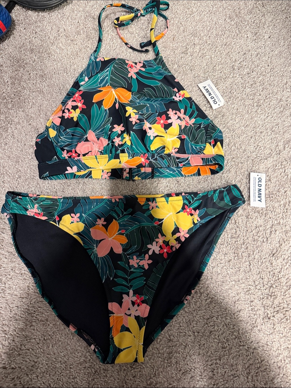 Old Navy Black Floral High-Neck Bikini Set with Yellow & Pink Blooms.